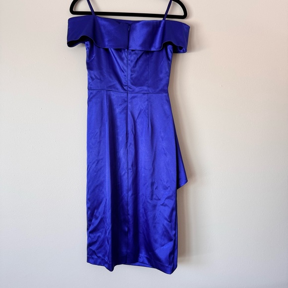 Eliza J Blue Satin Off-the-Shoulder Cocktail Dress Sz 2 | Knee Length Evening - Picture 5 of 16